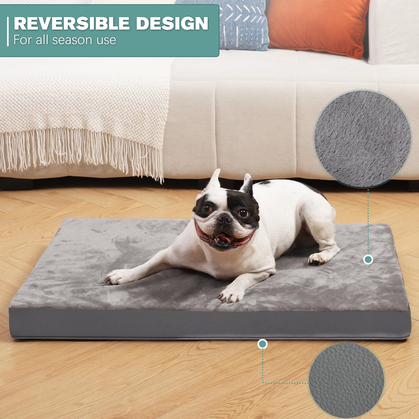 Waterproof Small Dog Bed Crate Pad 24 inch, Washable Puppy Bed Orthopedic with Removable Cover Reversible, Foam Dogs Bed, Cat Bed Kennel Pad 23" x17, Anti-Slip Bottom, Gray