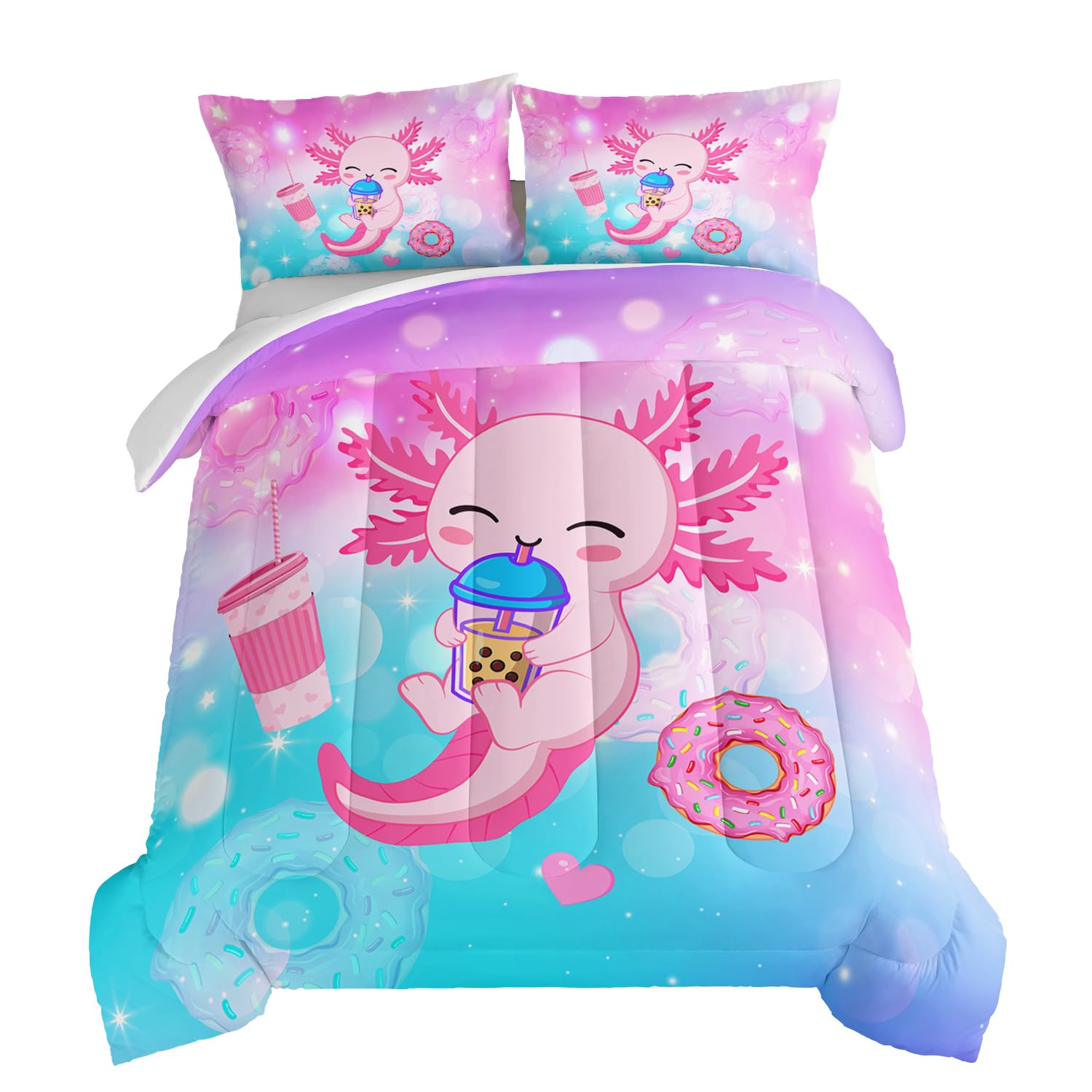 HOSIMA Axolotl Twin Comforter Set Cute Animal Bedding Room Decor for Teen Girls Dessert Milk Tea Donut Bed Princess Toddler Bedding Set Fantasy Blue Purple Twin Bed in a Bag Sets for Adults Teens.