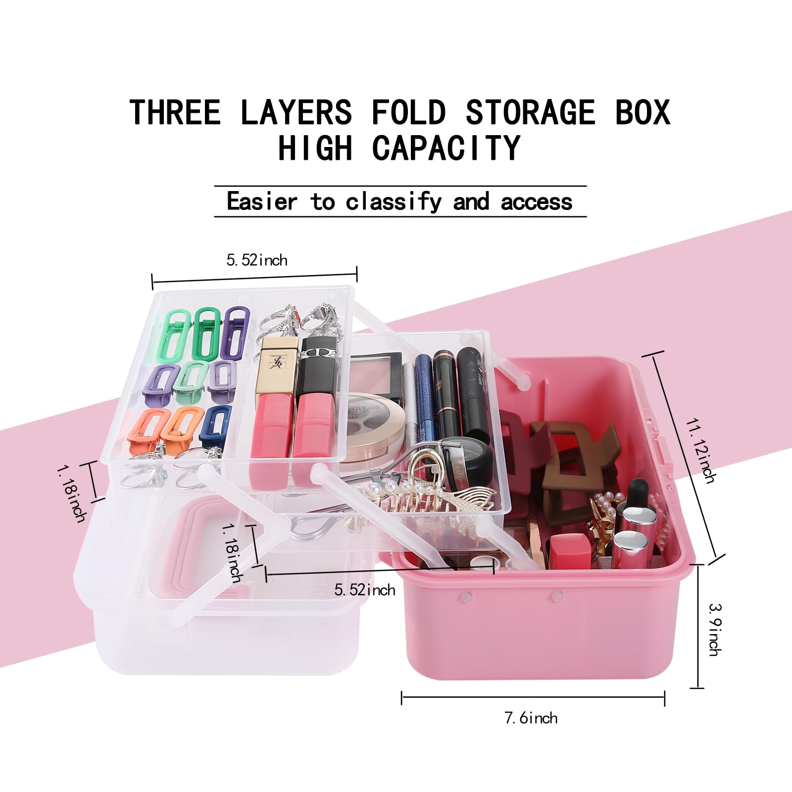 Flower River 11(in) Versatile Three-Layer Folding Organizer Box,Ideal for Art & Crafts,Toys,Sewing Supplies,Jewelry and Tools,Storage with Dual Trays,Elegant Pink