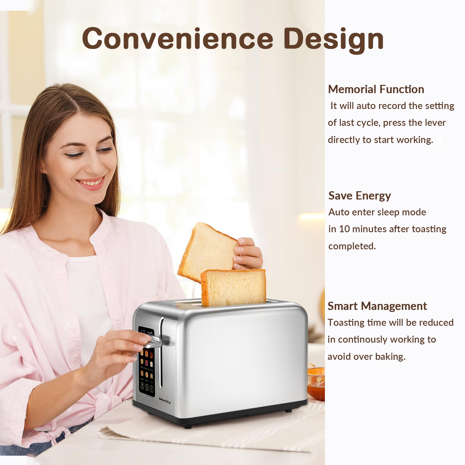 Mecity 2 Slice Toaster Touch Screen 1.5" Wide Slot, Stainless Steel Smart Bread Toaster for Bagel Muffin Waffle Gluten Free Breads, Timer, Defrost, Reheat, 120V 825W