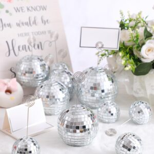 Maitys 60 Pcs Disco Ball Table Number Holder with Swirl Wire and Place Cards Party Favor Table Decoration Place Card Stand Silver Table Number Stand Name Card Photo Picture Holder Wedding Birthday