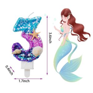 Number 3 Candle, Blue Purple Gradient Sequin Birthday Candle 3 for Cake Great for a Mermaid or Under The Sea Party.