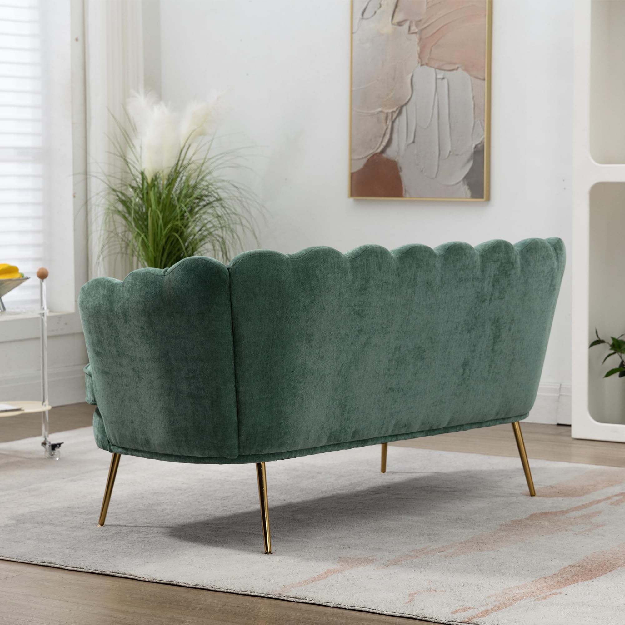 AnwickNomo 59" Modern Chenille Loveseat Small Sofa with Flower Shaped Back, 2-Seater Club Couch with Gold Metal Legs for Small Space/Office/Studio/Living Room/Apartment/Bedroom (Green+New)