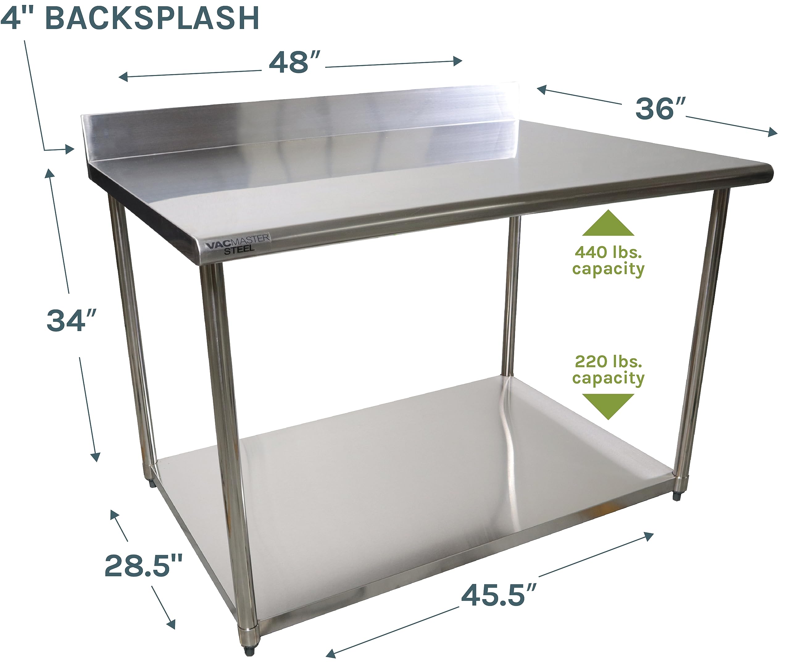 Vacmaster 36" x 48" Stainless Steel Workstation & Prep Tables with Adjustable Under-Shelf, Heavy Duty NSF Commercial Tables for Restaurant, Hotels, Lodges, and Home