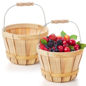 okllen 2 pack round wooden baskets with handle, empty wood fruit buckets, fall harvest basket for display fruits vegetables, home garden and party supplies, natural color