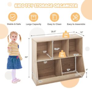 CLEEMAN Kids Bookshelf and Toy Organization,5 Cubby Open Wooden Playroom Organization and Storage, Toddler Bookshelf for Kid’s Room Bedroom Nursery