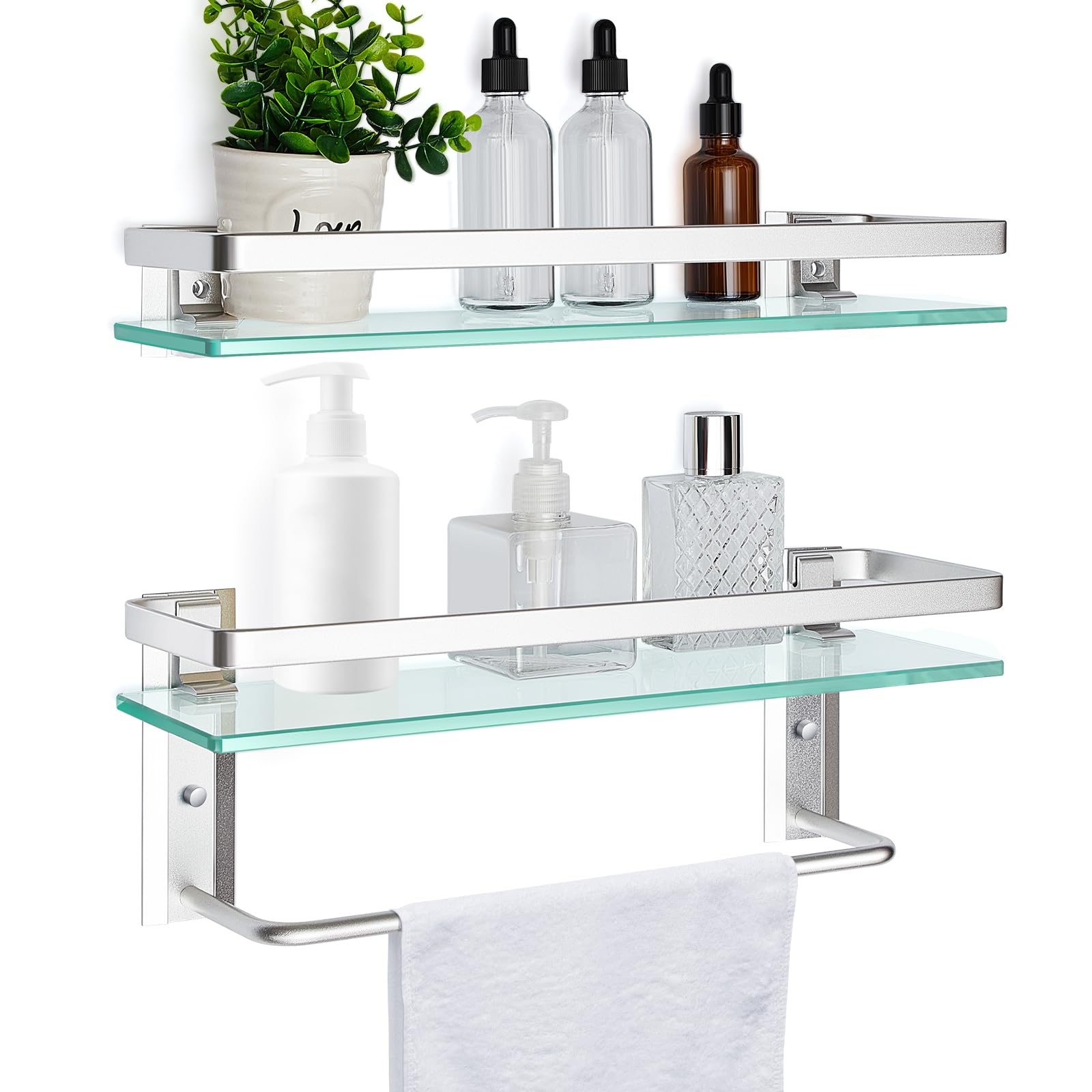 Suzile 2-Pcs Contemporary Bathroom Shelf, 15.7 x 4.72 inches, Floating Shelves with Towel Bar, Tempered Glass, Wall Mount, Set of 2