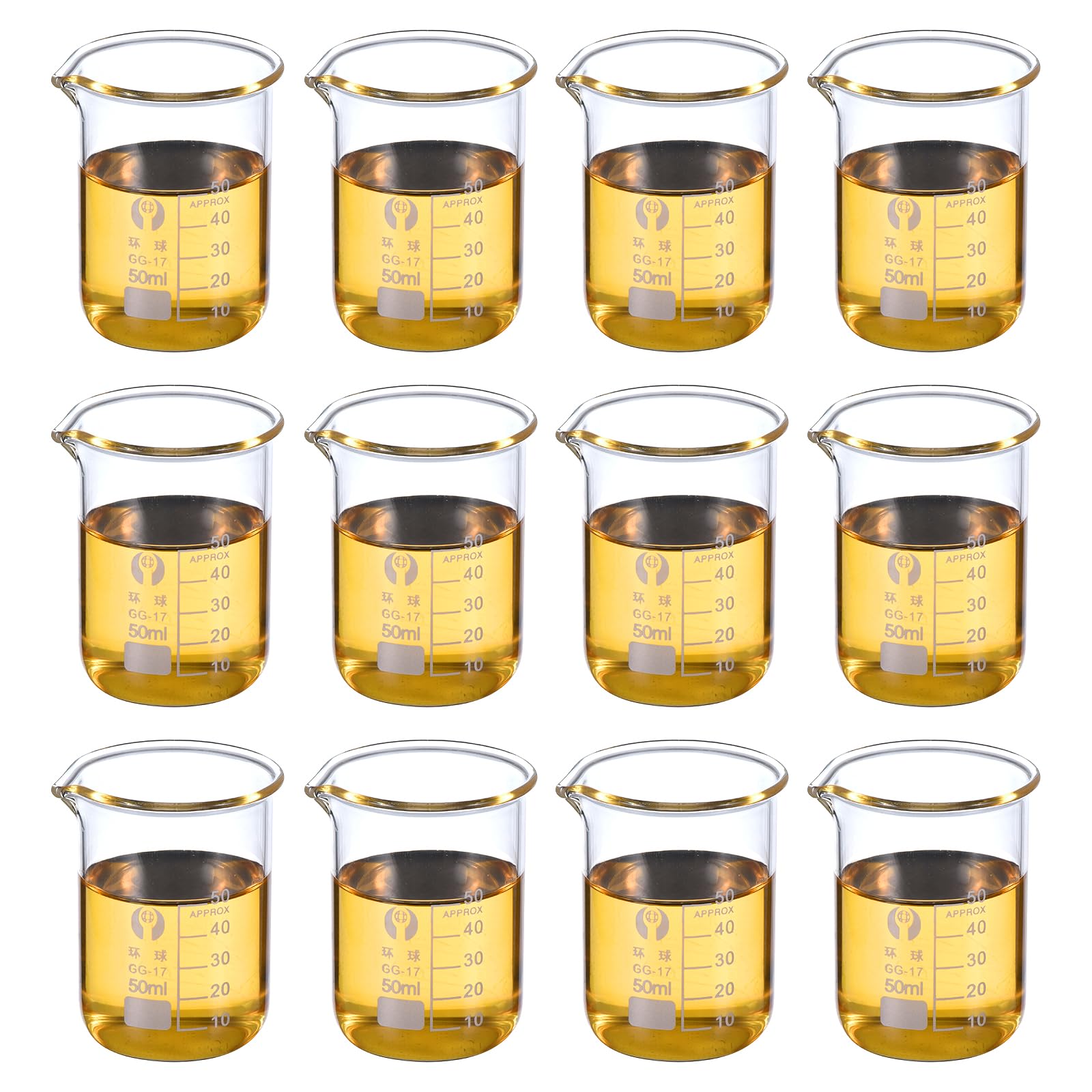 PATIKIL 50ml Low Form Glass Beaker, 12 Pack 3.3 Borosilicate Glass Graduated Printed Scale Measuring Cups with Spout for Kitchen Lab Liquids