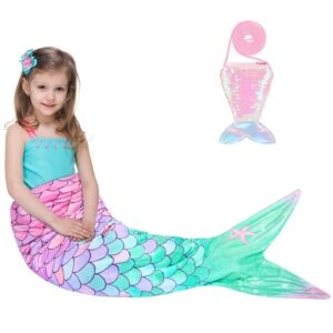 wernnsai mermaid tail blanket for girls kids - mermaid wearable blankets with sequin coin purse all seasons mermaid tails sleeping bags soft flannel snuggle blanket birthday gift set (pink & green)