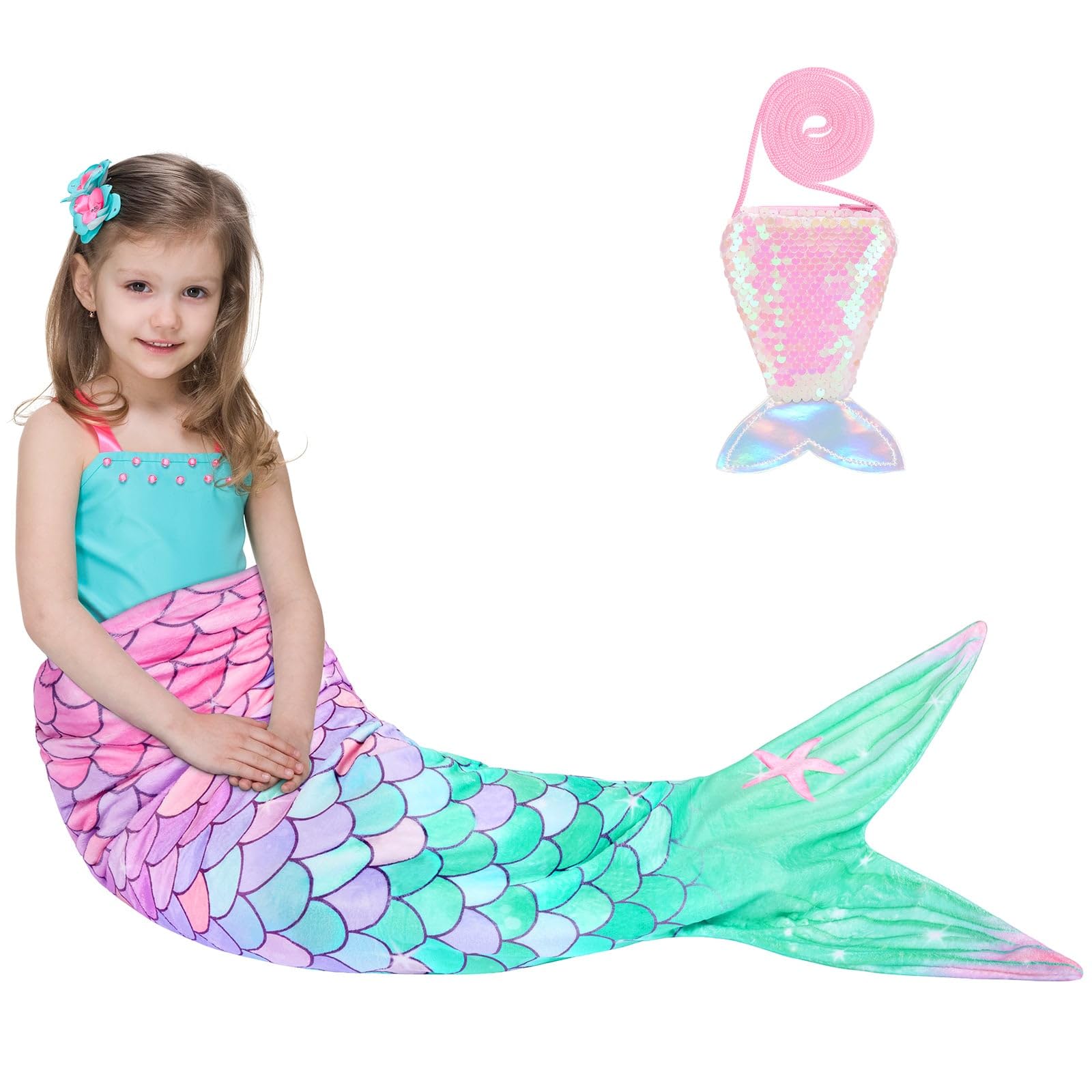 WERNNSAI Mermaid Tail Blanket for Girls Kids - Mermaid Wearable Blankets with Sequin Coin Purse All Seasons Mermaid Tails Sleeping Bags Soft Flannel Snuggle Blanket Birthday Gift Set (Pink & Green)