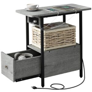 lidyuk end table with charging station, narrow side table with drawer and usb ports & power outlets, nightstand bedside tables for small spaces, bedroom, living room, light grey