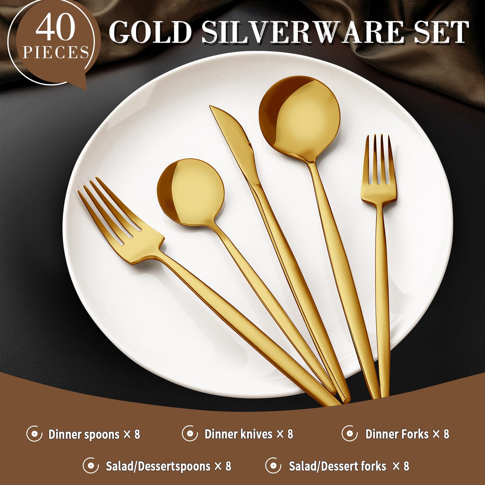 40-Piece Gold Silverware Set for 8, CEKEE Stainless Steel Gold Flatware Set, Cutlery Set Kitchen Utensils Set, Tableware Include Forks Knives Spoons for Home Restaurant Wedding, Satin Finish