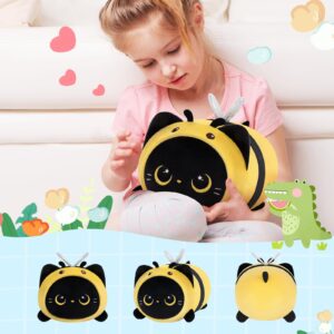 Mewaii Cute Black Cat Bee Plush Pillow, Kawaii Plushies Bee Stuffed Toy, Kitten Plushies with Honeybee Outfit Costume, Soft Squishy Christmas Bee Gift for Girls & Kids (8 Inch)