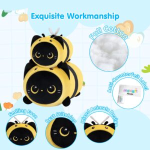 Mewaii Cute Black Cat Bee Plush Pillow, Kawaii Plushies Bee Stuffed Toy, Kitten Plushies with Honeybee Outfit Costume, Soft Squishy Christmas Bee Gift for Girls & Kids (8 Inch)