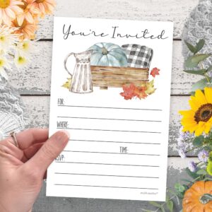 Rustic Fall Harvest Invitations - (20 Count) Autumn Country Watercolor 4x6 Invitations With Envelopes for Bridal, Baby Shower, Wedding, School, Neighborhood & Church Events