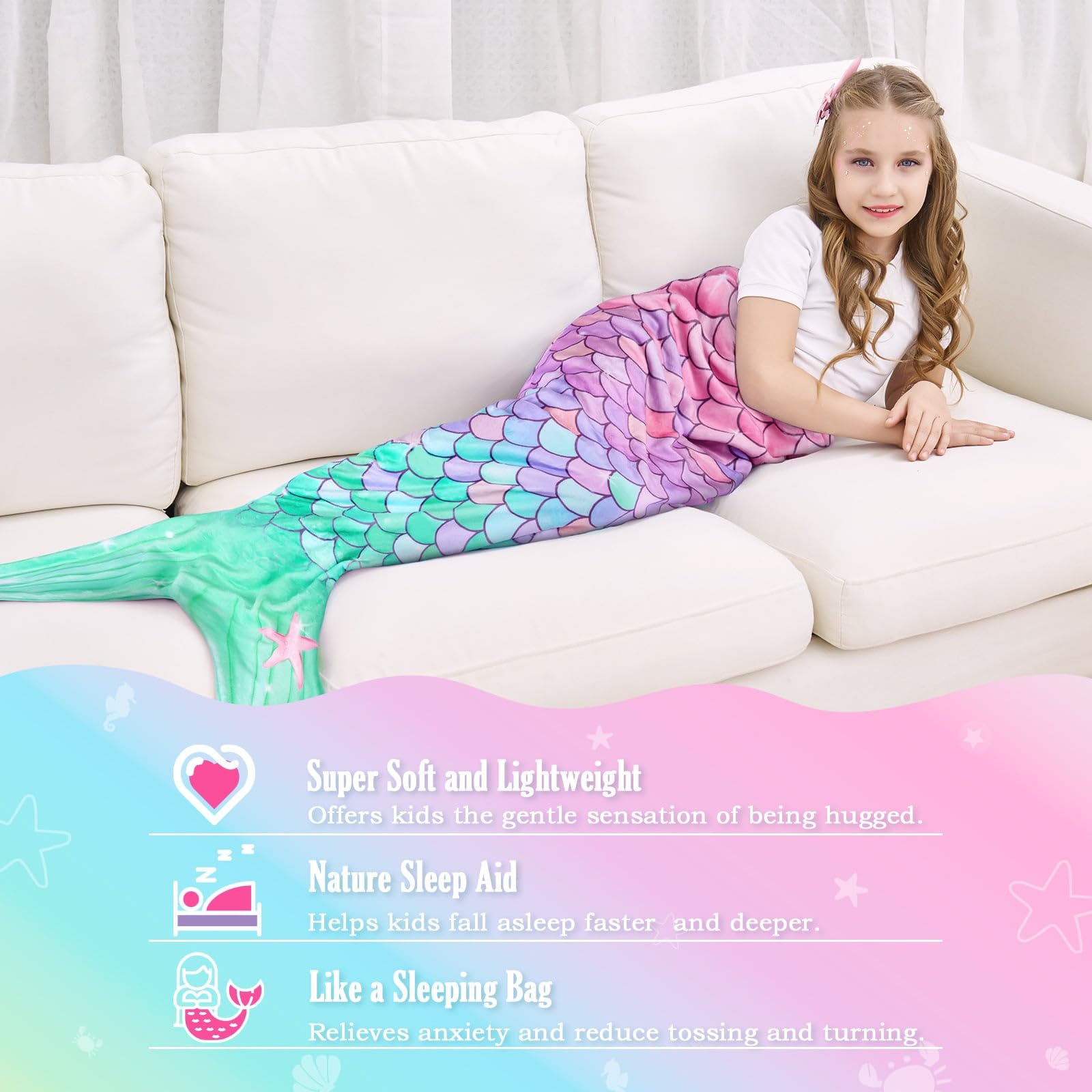 WERNNSAI Mermaid Tail Blanket for Girls Kids - Mermaid Wearable Blankets with Sequin Coin Purse All Seasons Mermaid Tails Sleeping Bags Soft Flannel Snuggle Blanket Birthday Gift Set (Pink & Green)