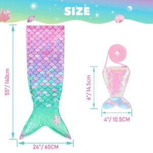 WERNNSAI Mermaid Tail Blanket for Girls Kids - Mermaid Wearable Blankets with Sequin Coin Purse All Seasons Mermaid Tails Sleeping Bags Soft Flannel Snuggle Blanket Birthday Gift Set (Pink & Green)