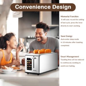 Mecity 4 Slice Toaster Touch Screen 1.5" Long Slot, Stainless Steel Smart Bread Toaster for Bagel Muffin Waffle Gluten Free Breads, Timer, Defrost, Reheat, 120V 1400W