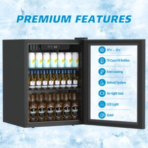 Erivess Compact Beverage Refrigerator,70 Can/1.6 Cubic Feet Fridge with Glass Front Door for Soda, Beer or Wine, Under Counter Drink Dispenser with Adjustable Shelve & Digital Display