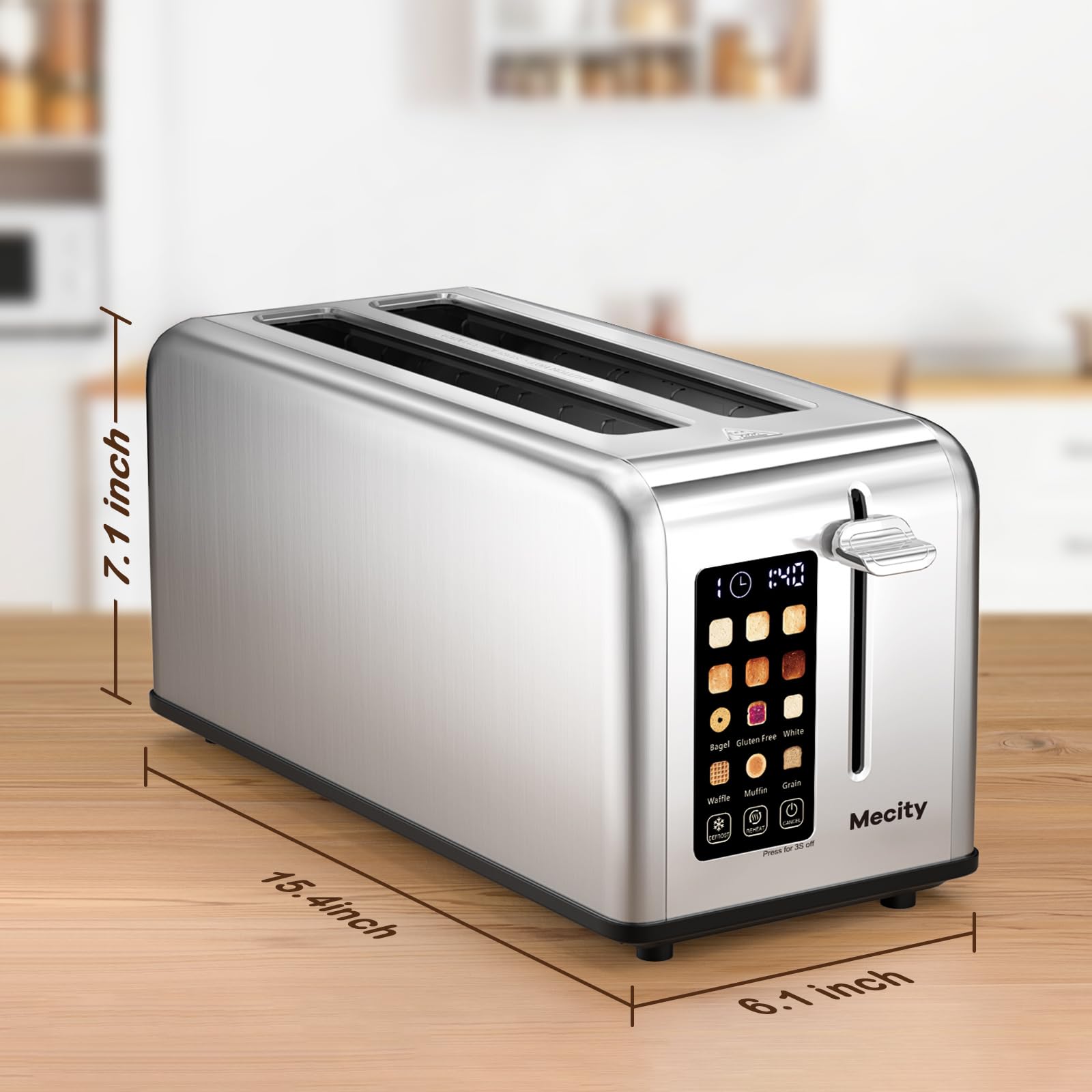 Mecity 4 Slice Toaster Touch Screen 1.5" Long Slot, Stainless Steel Smart Bread Toaster for Bagel Muffin Waffle Gluten Free Breads, Timer, Defrost, Reheat, 120V 1400W