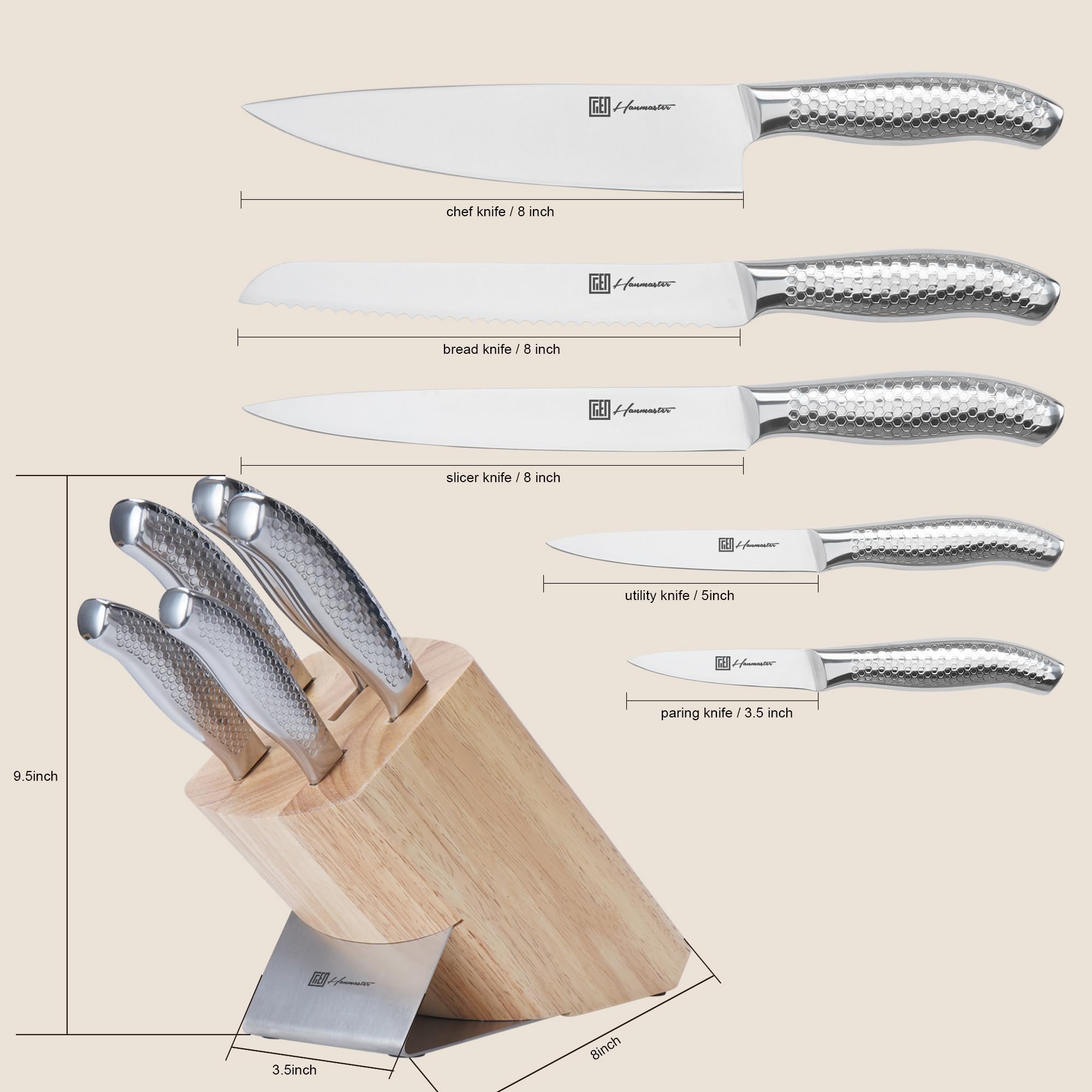 Hanmaster Kitchen Knife Set, One-piece Stainless Steel Knife Sets for Kitchen with Block, 6 Pieces Solid Natural Wood Knife Block Set, Box Packed, Silver.