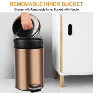 HYZSWGC 2.1 Gallon/ 8 Liter Metal Trash Can with Lid Soft Close, Foot Pedal-Brushed Stainless Steel, Satin Nickel Finish, Removable Inner Waste Basket, Step Trash Bin for Home, Office (Gold)