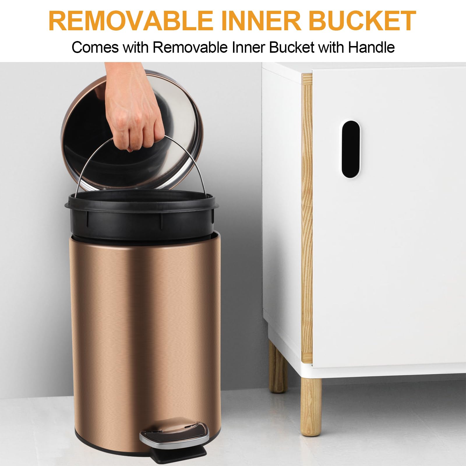 HYZSWGC 2.1 Gallon/ 8 Liter Metal Trash Can with Lid Soft Close, Foot Pedal-Brushed Stainless Steel, Satin Nickel Finish, Removable Inner Waste Basket, Step Trash Bin for Home, Office (Gold)