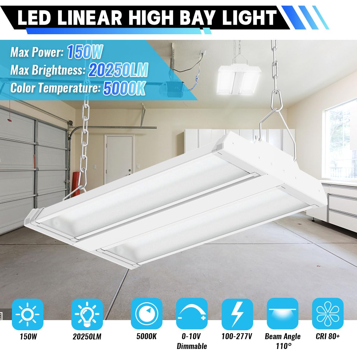 LED Linear High Bay Light 2-Pack, 150W 20250LM 0-10V Dimmable 5000K Daylight, Adjustable Tilt Hanging LED High Bay Shop Lighting Fixtures for Garage Warehouse Workshop, ETL