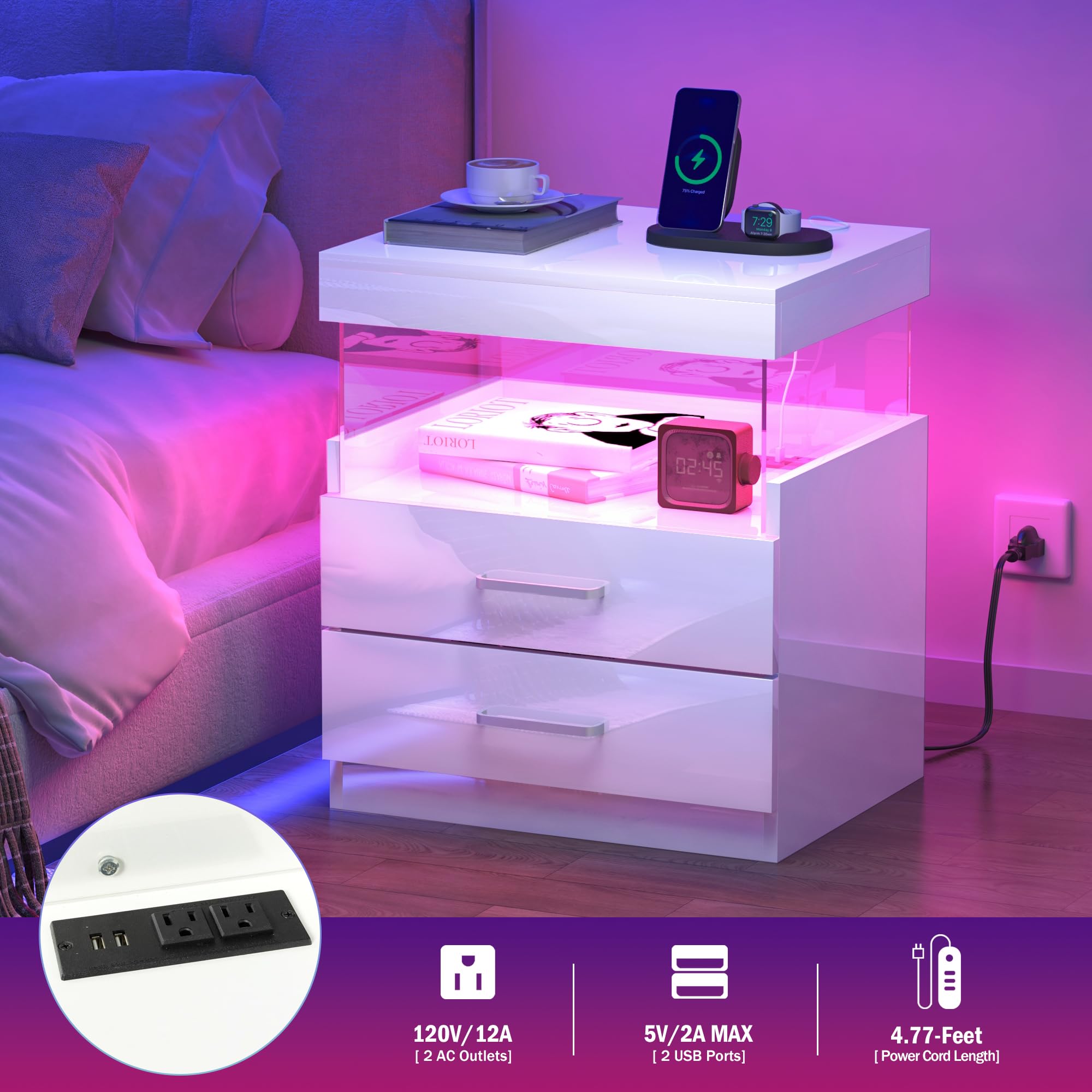 DMIDYLL High Glossy LED Nightstand, White Night Stand with Charging Station and LED Lights, Wood Night Stand with Drawers & Open Shelf, Smart Nightstand for Bedroom