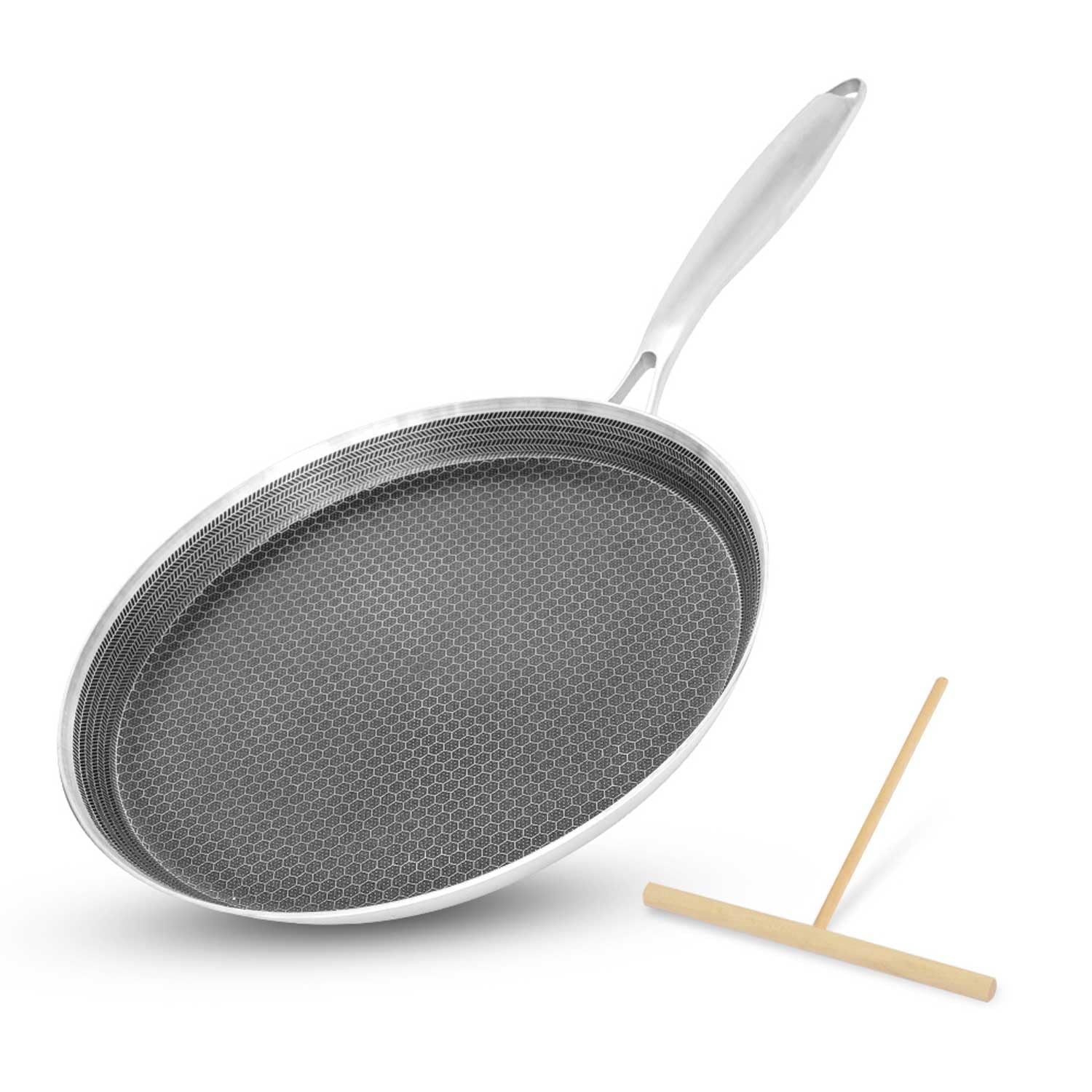 AUDANNE Honeycomb Crepe Pan with Spreader, 11 inch Stainless Steel Flat Skillet, Great for Pancakes Eggs Grill & Griddle Pan - Compatible with All Stovetops (Gas, Electric & Induction), PFOA Free, 11"