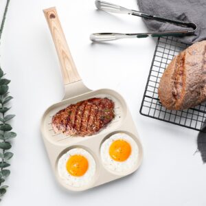 Egg Pan Japanese Omelet Maker 3 Section Square Grill Pan Egg Pan Nonstick for Breakfast Pancake Compatible with Gas Stove and Induction Cooktop Egg Frying Pan 7.4 inch (white) (Style1)