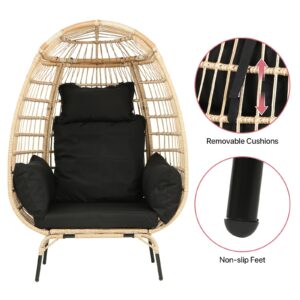 Dkelincs Wicker Egg Chair Indoor Outdoor Lounge Chair Patio Reading Chair Oversized Rattan Egg Chair for Patio, Backyard, Garden, Living Room w/ 4 Cushions Steel Frame, 352lb Capacity(Black)