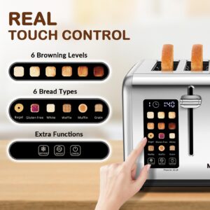 Mecity 4 Slice Toaster Touch Screen Control 4 Wide Slot, Stainless Steel Smart Bread Toaster for Bagel Muffin Waffle, Dual Control Pannel, Timer, Defrost, Reheat, 120V 1650W