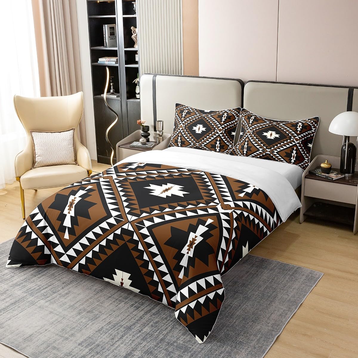 100% Cotton Rustic Western Queen Bedding Set for Men,Southwestern Aztec Comforter Cover Bohemian Duvet Cover Ethnic Mexican Style Geometric Diamond Quilt Cover Brown Black White Farmhouse Room Decor