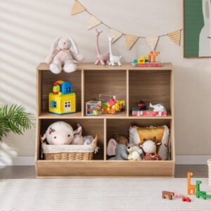 CLEEMAN Kids Bookshelf and Toy Organization,5 Cubby Open Wooden Playroom Organization and Storage, Toddler Bookshelf for Kid’s Room Bedroom Nursery