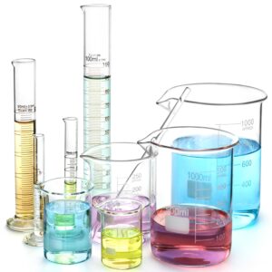 QWORK Thick Glass Measuring Beaker and Graduated Cylinder Set - Perfect for Science Labs, School Projects, and Home Labs, 50/100/ 250/500/ 1000 ml Beakers and 5/10/ 50/100 ml Cylinders