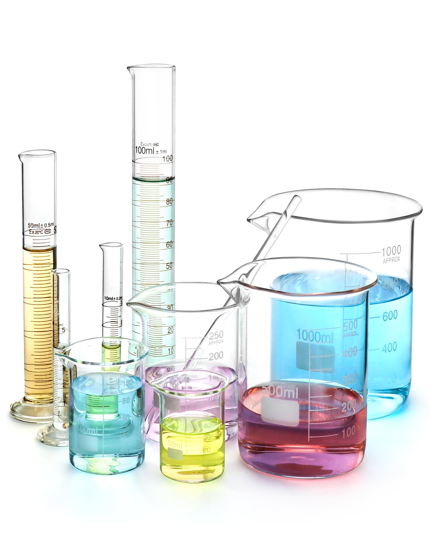 QWORK Thick Glass Measuring Beaker and Graduated Cylinder Set - Perfect for Science Labs, School Projects, and Home Labs, 50/100/ 250/500/ 1000 ml Beakers and 5/10/ 50/100 ml Cylinders