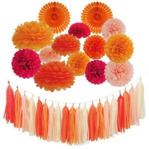 envibe orange party decorations, tissue paper pom poms for bridal shower decorations, baby shower, wedding shower decorations, orange birthday decorations, 34 pcs fall wedding decor.