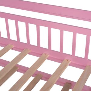 Bellemave Wooden Twin Size House Bed with Trundle,Kids Twin Playhouse Platform Bed Frame with Storage Shelves,Montessori Be for Kids Teens Girls & Boys (Pink)