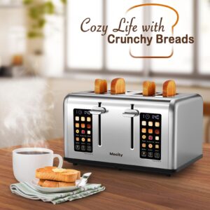 Mecity 4 Slice Toaster Touch Screen Control 4 Wide Slot, Stainless Steel Smart Bread Toaster for Bagel Muffin Waffle, Dual Control Pannel, Timer, Defrost, Reheat, 120V 1650W