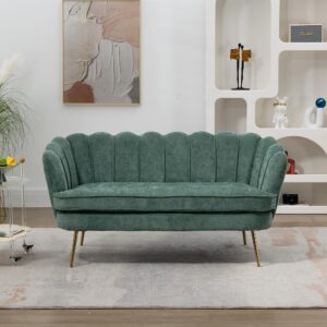 AnwickNomo 59" Modern Chenille Loveseat Small Sofa with Flower Shaped Back, 2-Seater Club Couch with Gold Metal Legs for Small Space/Office/Studio/Living Room/Apartment/Bedroom (Green+New)