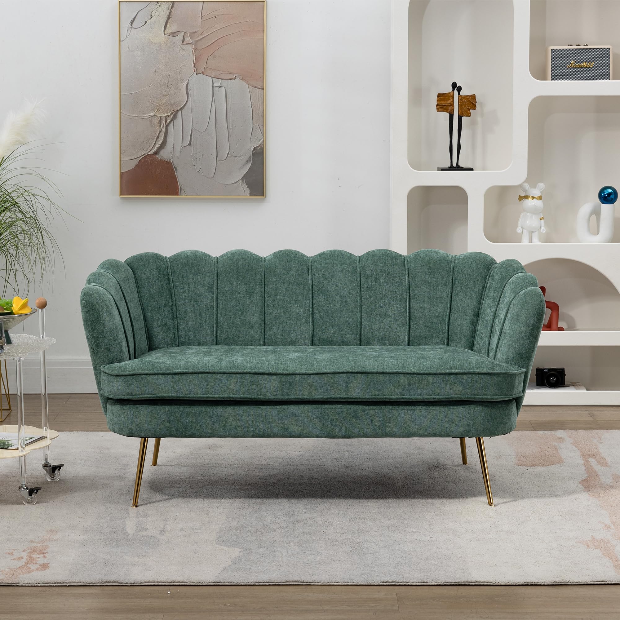 AnwickNomo 59" Modern Chenille Loveseat Small Sofa with Flower Shaped Back, 2-Seater Club Couch with Gold Metal Legs for Small Space/Office/Studio/Living Room/Apartment/Bedroom (Green+New)