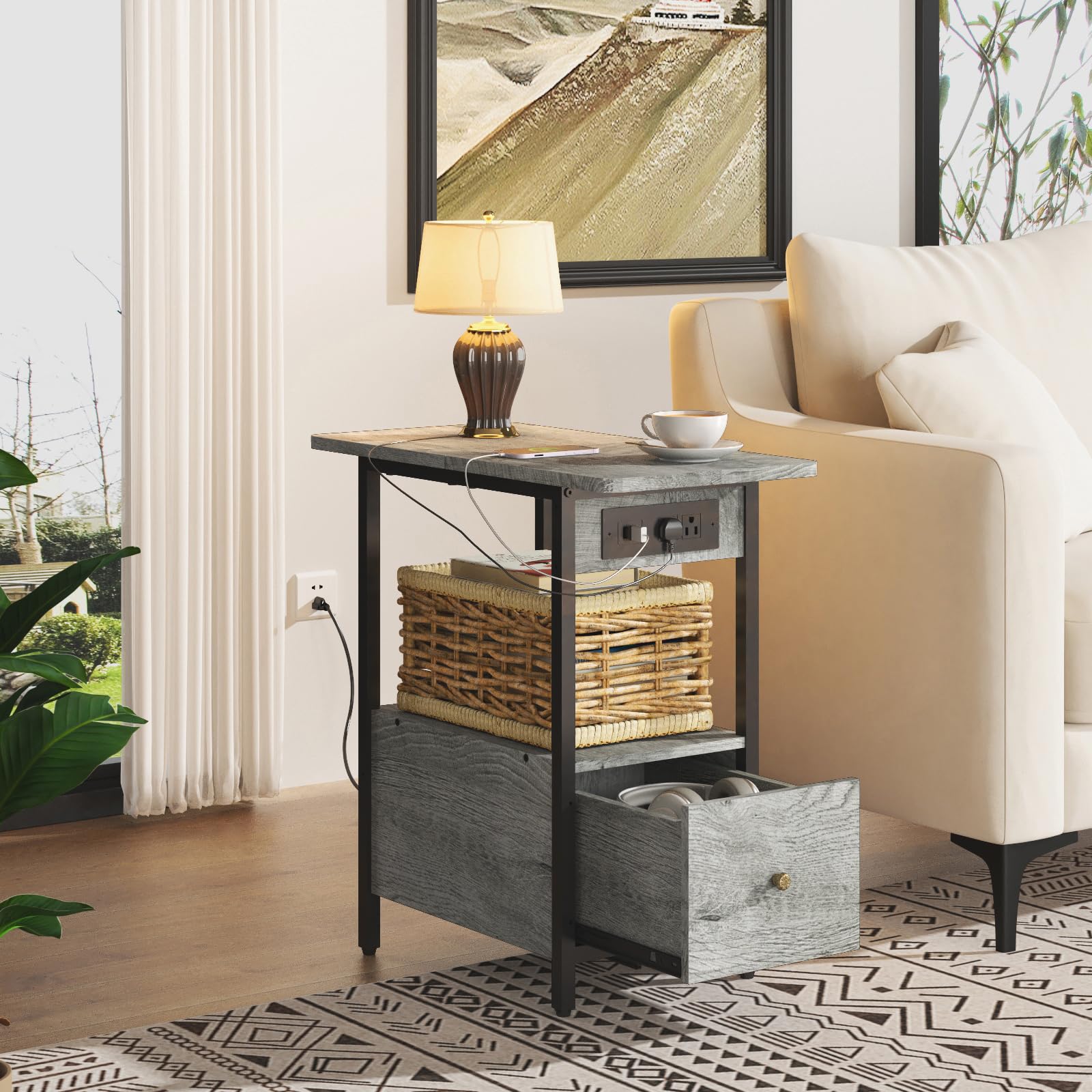 LIDYUK End Table with Charging Station, Narrow Side Table with Drawer and USB Ports & Power Outlets, Nightstand Bedside Tables for Small Spaces, Bedroom, Living Room, Light Grey