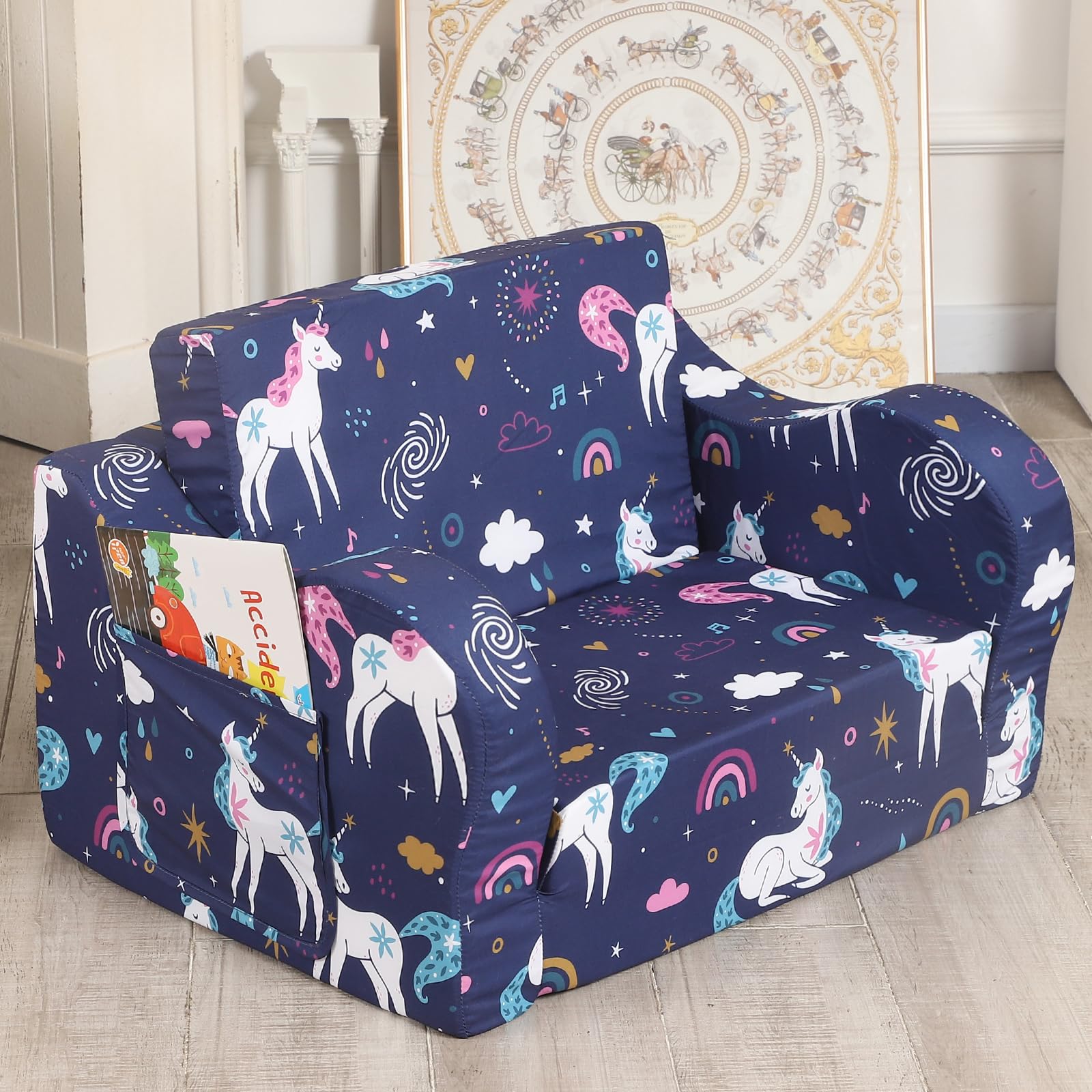 MOMCAYWEX Rainbow Unicorn Kids Sofa, 2-in-1 Kids Couch Fold Out, Convertible Sofa to Bed for Girls and Boys