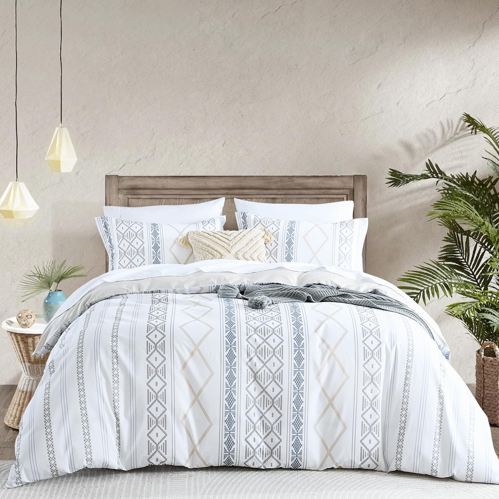 Uniclinens Geometric Duvet Cover King - Ivory White Duvet Cover Set, 100% Cotton Abstract Boho Printed Pattern Set, 3 Pcs Include 1 Duvet Cover (90”x104”) and 2 Pillow Shams (20”x36”), No Comforter