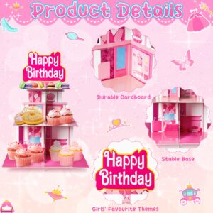 DSjuedui Pink Cupcake Stand 3-Tiered Cardboard Cake Stand Dessert Table Displays Pink Princess Assemble Cupcake Tower Holder Cupcake Tier for Floral Tea Happy Birthday Party Decor Favors Baby Shower