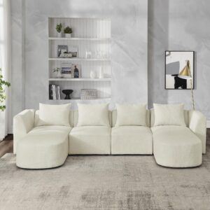 OMMGG U Shape Sectional Sofa, Modular Upholstered Couch with Two Single Seats and 2 Chaises, DIY Combination, Loop Yarn Fabric, for Living Room, Apartments,Lounges, and Clubs, 117, Ivory