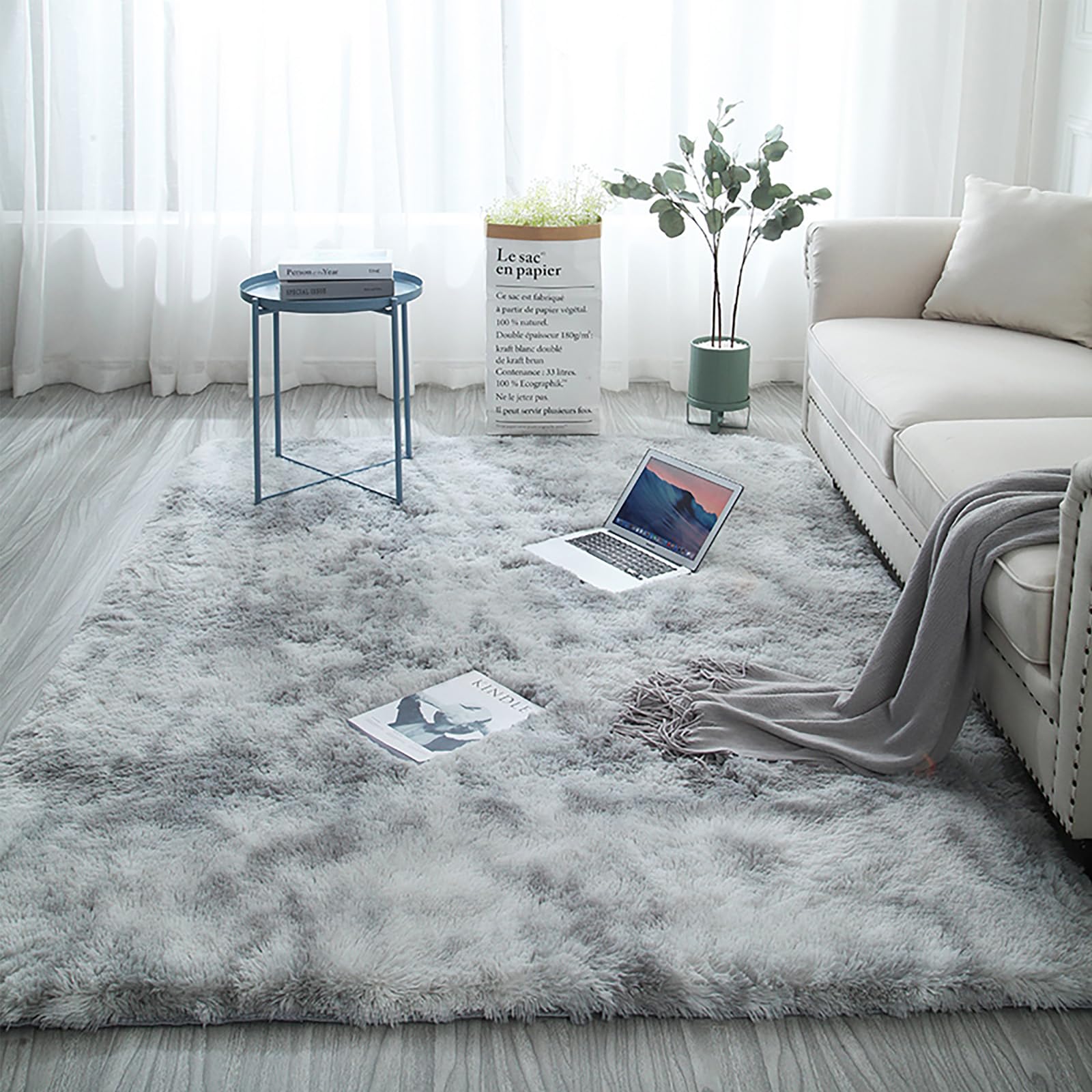 HOUSERAN Shag Area Rug 6’x6' Tie Dyed Grey, Plush Fluffy Fur Rug for Living Room, Square Carpet for Bedroom, Soft Shaggy Rug for Living Room Dorm Nursery