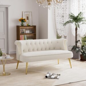 nolohoo loveseat chesterfield sofa with gold legs, velvet tufted vintage victorian sofa 2 seater curved mini couch rolled arms, comfy love seat for living room, bedroom, cream white