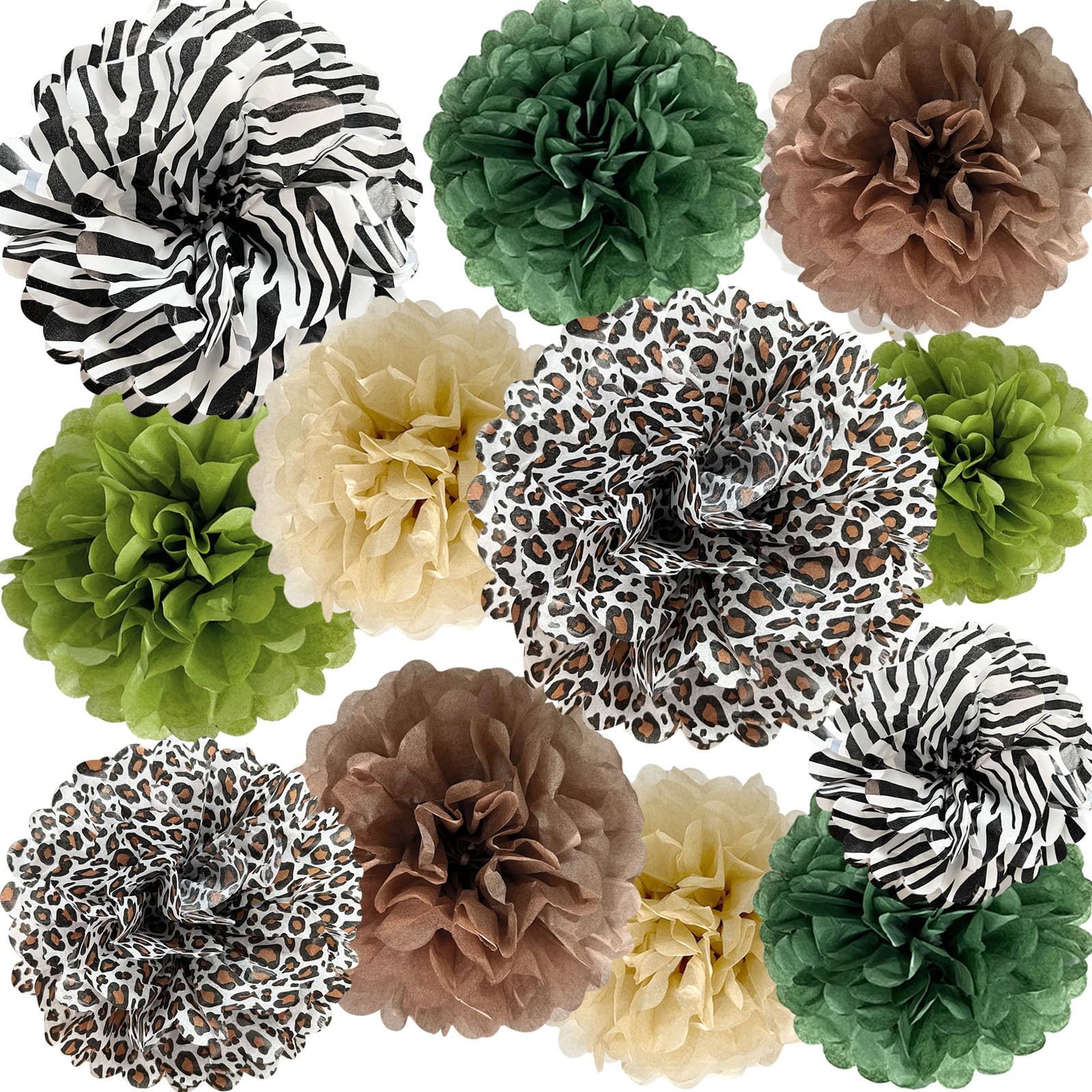 ANSOMO Jungle Safari Tissue Paper Pom Poms Wild Animal Leopard Zebra Print Cheetah Party Decorations Sage Green Brown Flowers Wall Hanging Décor Table Centerpieces Supplies Birthday Bridal Baby Shower